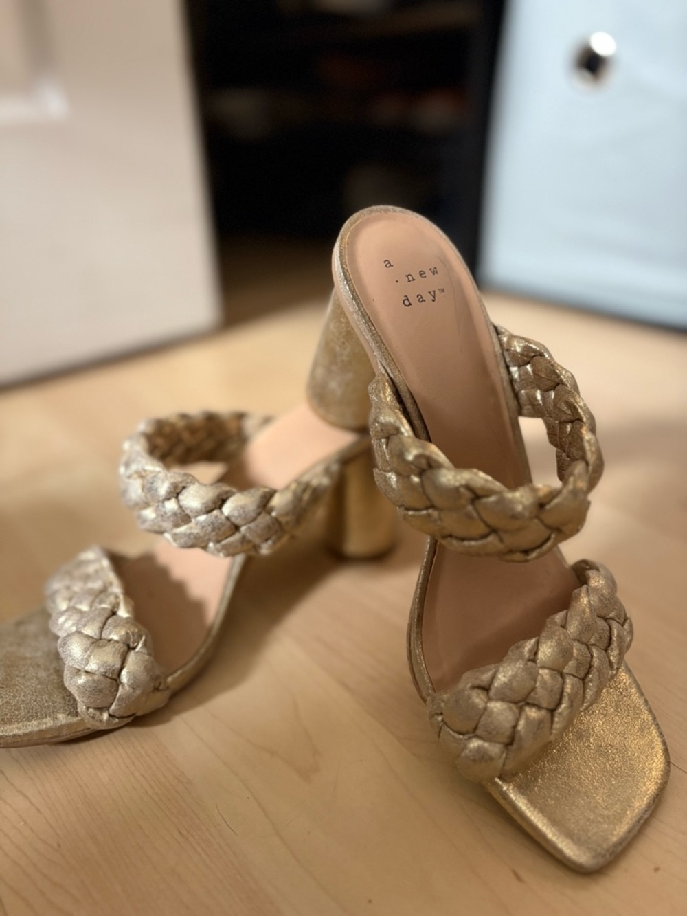 a new day Metallic Gold Braided Block Heel Sandals